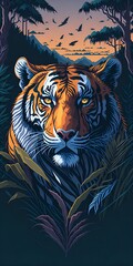 Ultra-detailed portrait of a majestic single tiger in the Jungle with a mountain sunset background