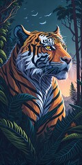 Ultra-detailed portrait of a majestic single tiger in the Jungle with a mountain sunset background