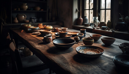 Rustic pottery bowl on wooden table, crafted by skilled potter generated by AI