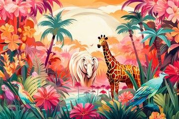 Obraz na płótnie Canvas Vibrant tropical illustration of palm trees, lion, giraffe, flamingo, flowers. Exotic jungle pattern. Generative AI