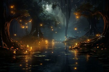 Mysterious swamp with glowing fireflies amidst misty darkness. Captivating surreal scene. Generative AI