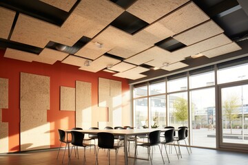 Ceiling with wood wool panels providing acoustic insulation. Generative AI