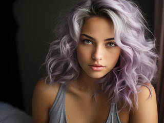 fashionable young woman with impeccable skin and lavender colored hair