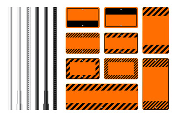 Warning, danger signs, attention banners with metal poles. Blank orange caution sign, construction site signage. Notice signboard, warning banner, road shield. Vector illustration