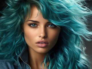 striking model with flawless skin, vibrant turquoise hair