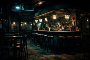 Dimly-lit dive bar with a gritty atmosphere. Generative AI