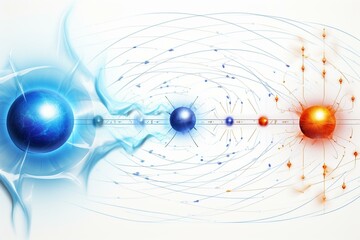 Wide banner with scientific visual of magnetic field and opposite charges on white background. Generative AI