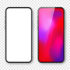 Smartphone with blank touch screen and abstract colorful background, wallpaper. Frameless mobile phone in front view. High quality detailed device mockup. Vector illustration