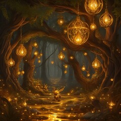 Fairy tale with golden tree.  Fairyland. Generative AI.
