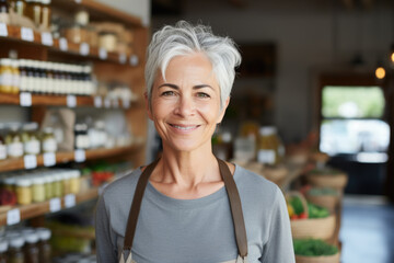 Portrait of a smiling senior black woman, healthy food store owner