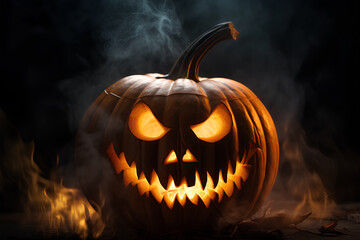 Fototapeta premium Scary halloween pumpkin on fire and smoke, spooky night.