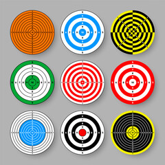 Shooting range paper targets. Round target with divisions, marks and numbers. Archery, gun shooting practise and training, sport competition and hunting. Bullseye and aim. Vector illustration