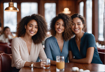 three afro amerian female students smile together sitting in a pub