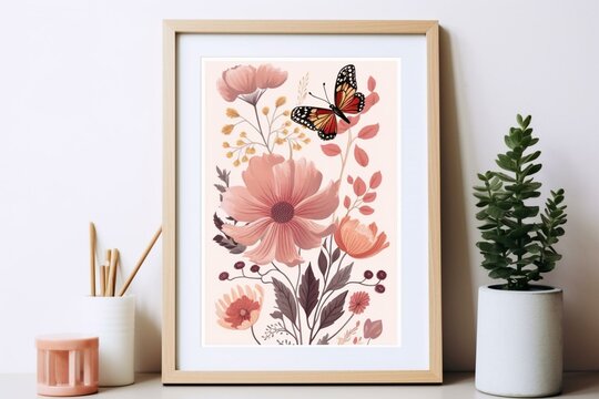 Modern print with botanical design for various purposes. Features beautiful flowers. Generative AI