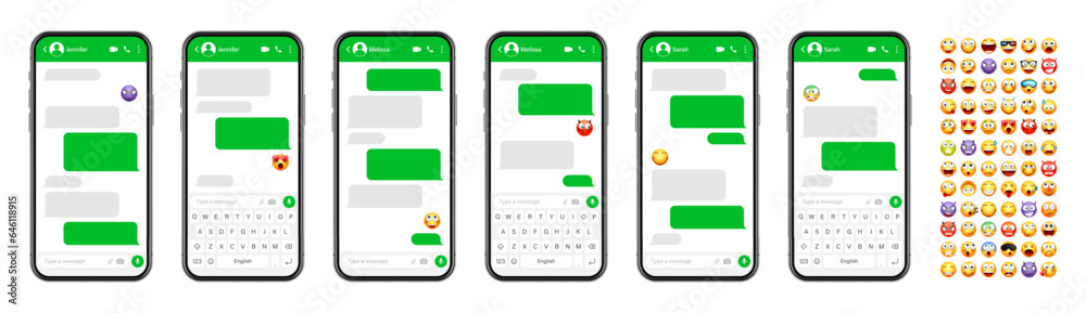 Wall mural smartphone messaging app, user interface design with emoji. sms text frame. chat screen with green m