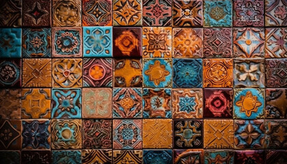 Turkish patchwork carpet with ornate floral and geometric tile design generated by AI