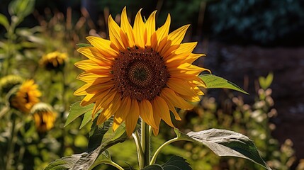 Yellow sunflower with green leaf nature AI generated image