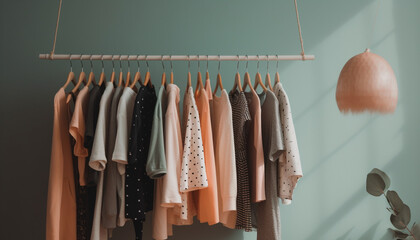 Modern fashion boutique showcases elegant garment collection on wooden shelves generated by AI