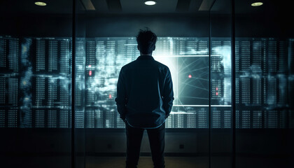Fototapeta premium Handsome businessman standing in glowing cityscape, holding computer, working indoors generated by AI