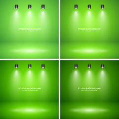 Empty green studio abstract backgrounds with spotlight effect. Product showcase backdrop. Stage lighting. Vector illustration