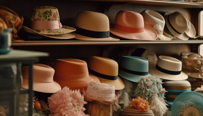 Straw hats for sale Fashionable headwear collection in retail store generated by AI