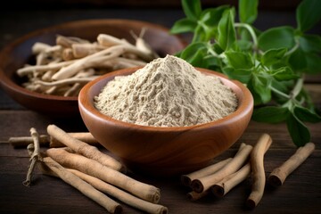 ashwagandha is a traditional herbal remedy available as stem and powder. Generative AI