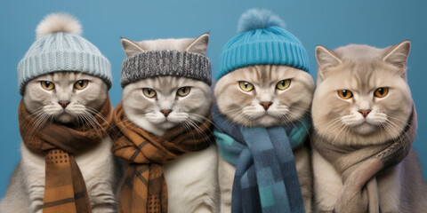 Group of funny cute cats wearing a knitted scarves and hats on a soft blue background