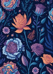 A detailed illustration of flowers, roses, a variety of colorful flowers, seamless pattern