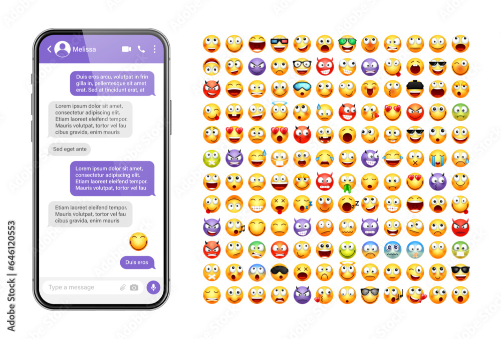 Wall mural smartphone messaging app, user interface design with emoji. sms text frame. chat screen with violet 