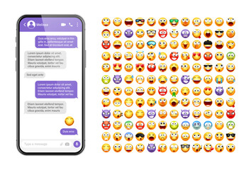 Smartphone messaging app, user interface design with emoji. SMS text frame. Chat screen with violet message bubbles. Texting app for communication. Social media application. Vector illustration