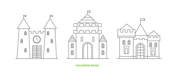 Coloring for children vector illustration. Set of cartoon fairytale castles. It can be used to decorate children`s books. The antistress picture on a white isolated background.