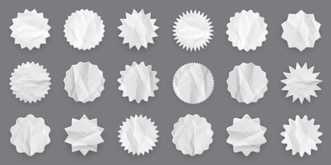 Crumpled paper shopping labels. Sale or discount sticker with cardboard texture. Special offer price tag. Supermarket promotional badge. Sunburst icon. Vector illustration