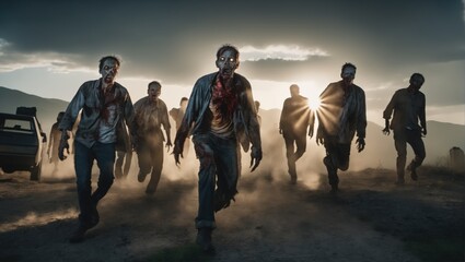 Creepy zombies in a gory confrontation. Perfect for haunted house advertisements, providing a horrifying experience..
