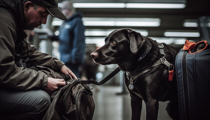Obraz premium Caucasian man sitting outdoors with his purebred dog on leash generated by AI