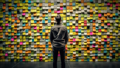 Successful businessman brainstorming ideas, holding multi colored adhesive notes indoors generated by AI