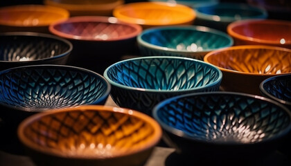 Vibrant colored pottery bowl collection in ornate craft patterns generated by AI