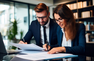 Happy mid aged professional business man executive ceo or lawyer wearing suit sitting at desk signing legal contract document putting written signature authorizing corporate deal in modern office