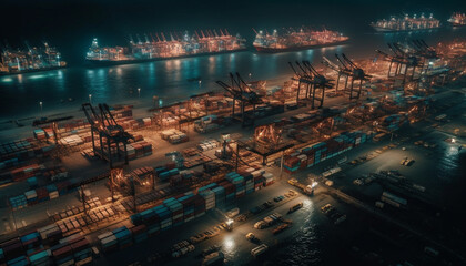 Night shipping at commercial dock unloading cargo container from industrial ship generated by AI