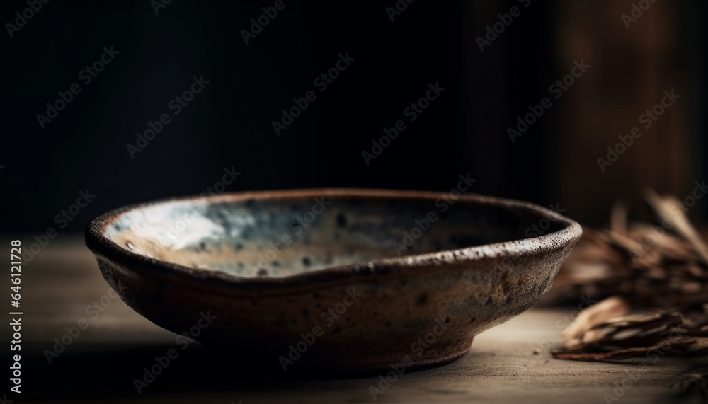 Poster rustic earthenware bowl on wooden table with organic food decoration generated by ai