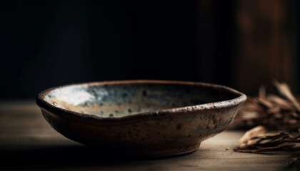 Rustic earthenware bowl on wooden table with organic food decoration generated by AI