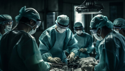 A team of surgeons in protective workwear operating with expertise generated by AI