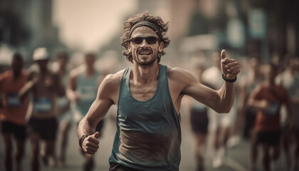 Fototapeta premium Smiling athlete jogging outdoors in sports clothing with confidence generated by AI