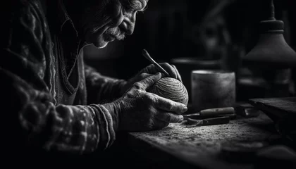 Fotobehang Craftsperson working on handmade leather shoe with sewing needle and tools generated by AI © Stockgiu