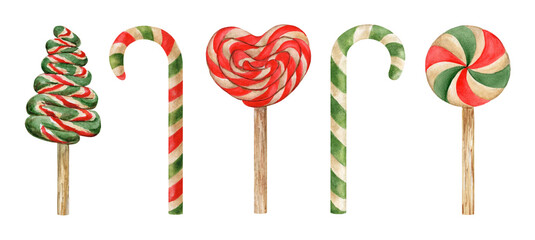 Watercolor set of sweets - caramel, candy canes, lollipop isolated on white background. Hand drawn elements isolated for winter design greeting card, poster, pattern, invitation.