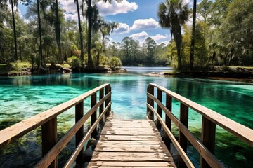 Stunning natural springs in Ocala National Forest, Florida, featuring a wooden bridge over sparkling turquoise waters. Located near Orlando. Generative AI