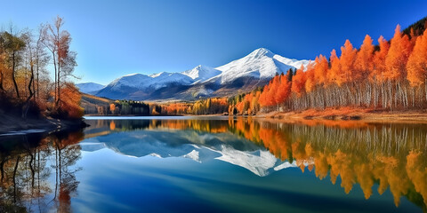 Panoramic view of scenic autumn landscape with fall ffoliage and snow covered mountains, Generative AI image.