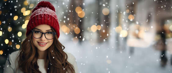 Christmas Themed woman wearing glasses with room for copy space created with Generative AI technology