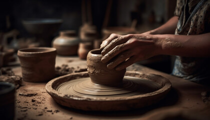 Fototapeta na wymiar Craftsperson turning wet clay on pottery wheel, creating handmade vase generated by AI