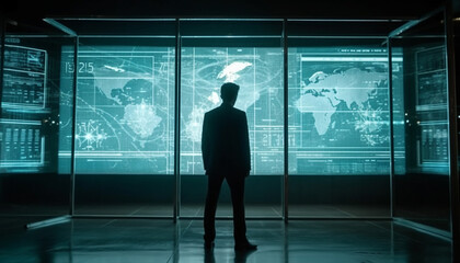 Fototapeta na wymiar Successful businessman standing in modern office, holding world map chart generated by AI
