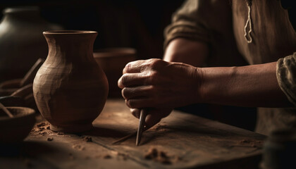 Craftsperson working in pottery workshop, skillfully creating handmade earthenware vase generated by AI